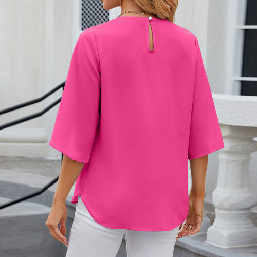 Solid color round neck five-quarter sleeve short-Brbie powder M 2
