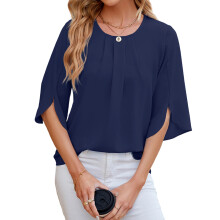 Solid color round neck five-quarter sleeve short-Navy Blue XXL