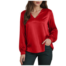 Women's satin pleated long-sleeved shirt, silk-Red S