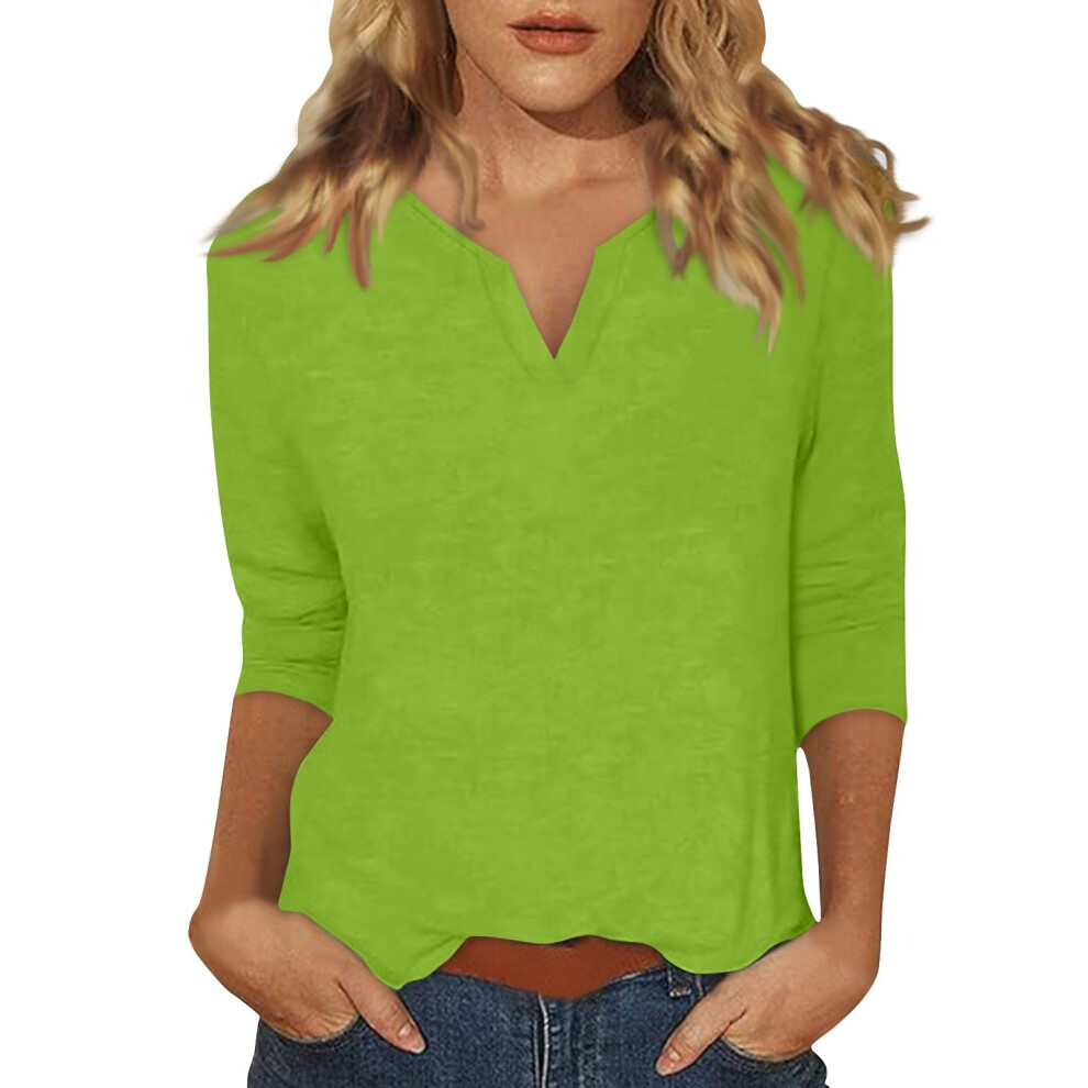 Yellow/Green Womens V Neck 3/4 Sleeve T-Shirts Solid Color- Xxl