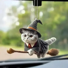 Cute cat-shaped rearview mirror pendant for car interior, realistic hanging pet ornament