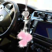 Crystal Car Rearview Mirror Ornament, Heart and Fur Pendant, Bling Car Accessories - Rhinestone Charm
