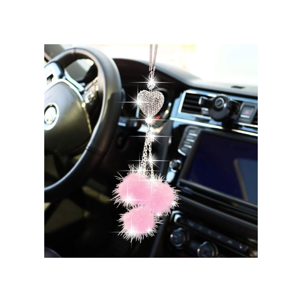 Crystal Car Rearview Mirror Ornament, Heart And Fur Pendant, Bling Car Accessories - Rhinestone Charm Pink/White Aihontai