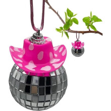 Mini Disco Ball for Car, Cow Print Hat Rearview Mirror Pendant - Creative Disco Mirror Ball Necklace