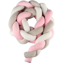 Tour de lit bébé 2 m, coussin en velours serpent, tour de lit bébé tressé, peluche tressée nouée (gris + blanc + rose)