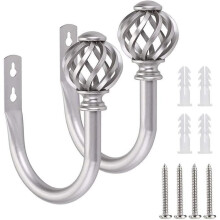 Embrasses de rideaux - Lot de 2 - Métal argenté, fixation murale - 15,5 x 9 cm - Usage intérieur - Accessoires de fixation inclus
