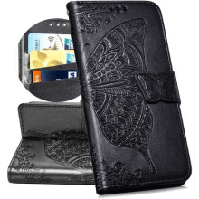 Étui pour Samsung Galaxy A40, étui à rabat avec porte-cartes et motif papillon et fleur, fin et protecteur en silicone et cuir noir.