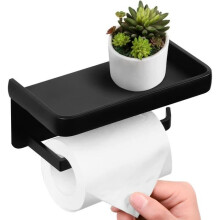 Toilet Paper Holder, Wall-Mounted Aluminum Roll Holder with Storage Shelf, Black