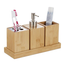 Accessoires de salle de bain Relaxdays, ensemble de 4, bambou, distributeur de savon à pompe, porte-brosse à dents, bol, naturel