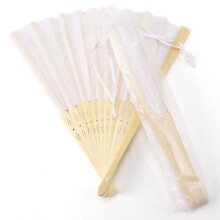 Quality - 10x White Silk Fabric Fan + Bamboo with Muslin Gift Bag - Wedding Favors, Dance, Writing, Painting - Personalized