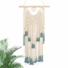 Groen en beige geweven wandtapijt met bohemian chique kwastjes, bohemian hippie hanger, wanddecoratie voor PZCC