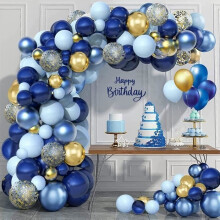 Marineblauwe ballonnenboogset - 133 blauwe en gouden verjaardagsballonnenboog met gouden confetti, blauwe en gouden ballonnenslingerset