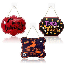 Set van 3 Halloween-deurbordjes van hout, met heksenmotief, welkomstbordjes.
