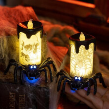 Set van 2 verlichte Halloween-spinnen met LED-ogen en tweekleurige kaarsen - griezelige decoratie voor huis, tuin of feestje