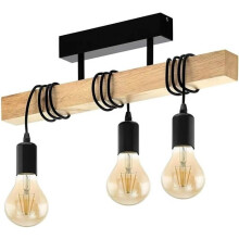 Deckenleuchte 3, Vintage-Design mit 3 Flammen im Industriestil, Retro-Pendelleuchte aus Stahl und Holz, Farbe: Schwarz
