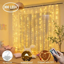 Gordijnverlichting met 300 LED's, USB-voeding, 8 standen, 3m x 3m, raamdecoratie voor verjaardagen, bruiloften en huisdecoratie.