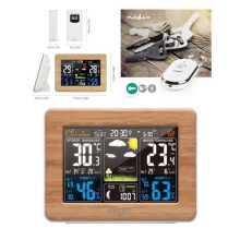 Wetterstation aus Holz für den Innen- und Außenbereich mit drahtlosem Wettersensor, Wettervorhersage, Farb-LCD-Bildschirm, Zeitanzeige