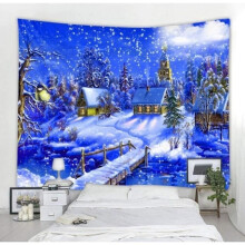 Wandtapijt met een besneeuwd dorp 's nachts, een scène met een sfeervolle dagscène, een kerstgordijn van stof.