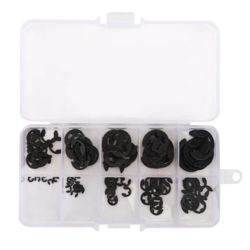 Eiffel 120 τεμάχια κιτ ασφαλειών E-Clip Snap Open Ring Staining Black Manganese Steel σε κουτί 1,5-10mm