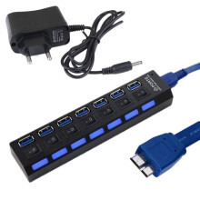 USB 3.0 Hub 7-Port Adapter with LED Indicator for PC/Laptop, 5G Mbps, EU Plug