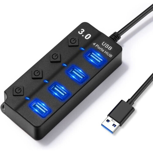 Διανομέας USB - ABURNUDREY - 4 θύρες USB 3.0 - Μεμονωμένα κουμπιά λειτουργίας - Plug and Play - Μαύρο
