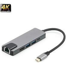 USB-C-hub, Type-C-hub RJ45 voor MacBook, notebook en laptop (1*RJ45, 1*HDMI, 1*USB-C PD, 2*USB 3.0-poorten)