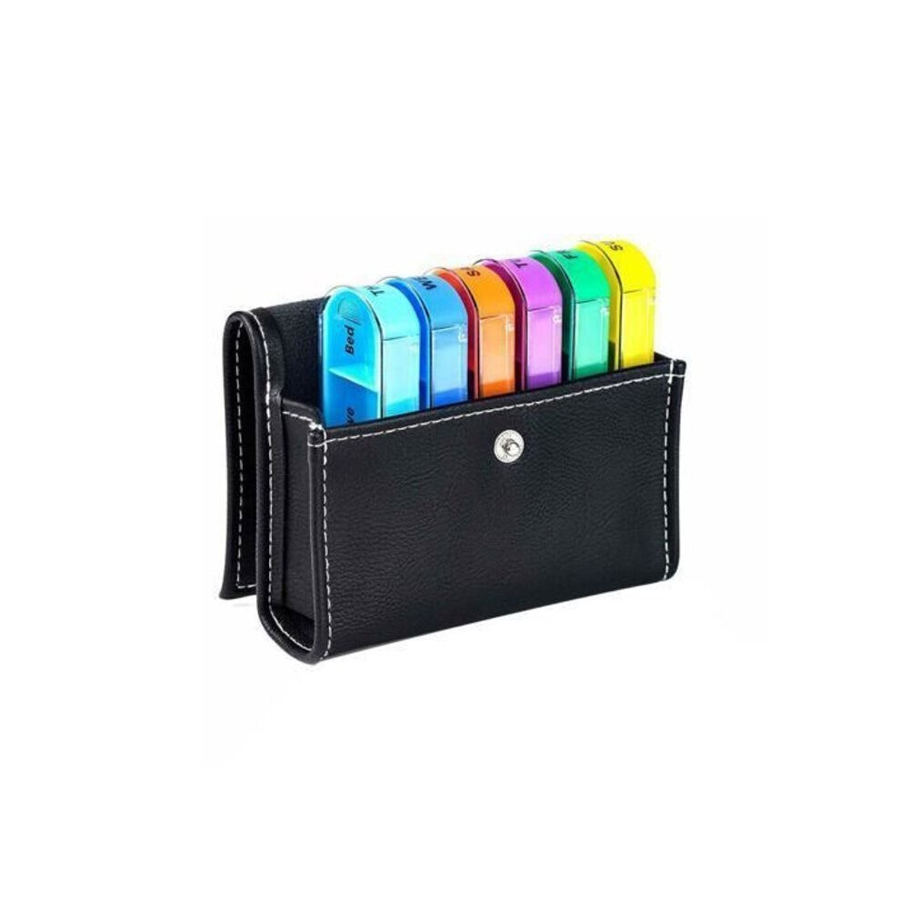 Aihontai Black 7-Day 4-Time-A-Day Pill Organizer With Pu Bag - 28 Multicolored Compartments - Pill Box For Medicine (Black)