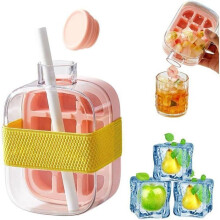 Bouteille à glaçons 2 en 1 avec paille intégrée et bac à glaçons intégré (500 ml) - Rose