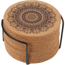 Set of 12 reusable and absorbent cork coasters for hot or cold drinks, with metal stand