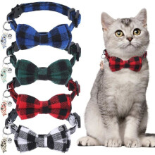 4 klassische karierte Katzenhalsbänder mit Glöckchen, verstellbares, abnehmbares Halsband von 17,8 bis 30,5 cm, Halsband mit Knoten