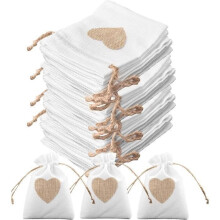 Verpakking van 30 hartvormige jute zakjes 10*14 cm voor bruiloften, snoep, cadeaus, doop, verjaardagen en Kerstmis (wit)