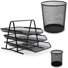 WAYTEX 3-Piece Metal Mesh Office Accessory Set: Paper Basket, 3-Tier Sliding Sorter, Pencil Holder