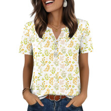 Womens Tops V Neck Short Sleeve Shirts Casual Blouse-Yellow L