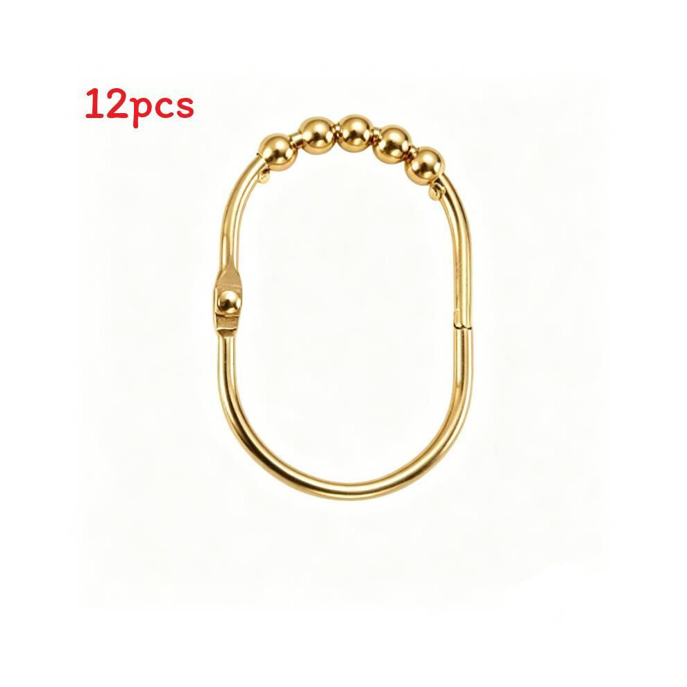 (Gold) Shower Curtain 12Pcs Hooks Wide Rings Gold Chrome Plated Easy Glide Roller Decorative Rings Rod Shower 699731370171