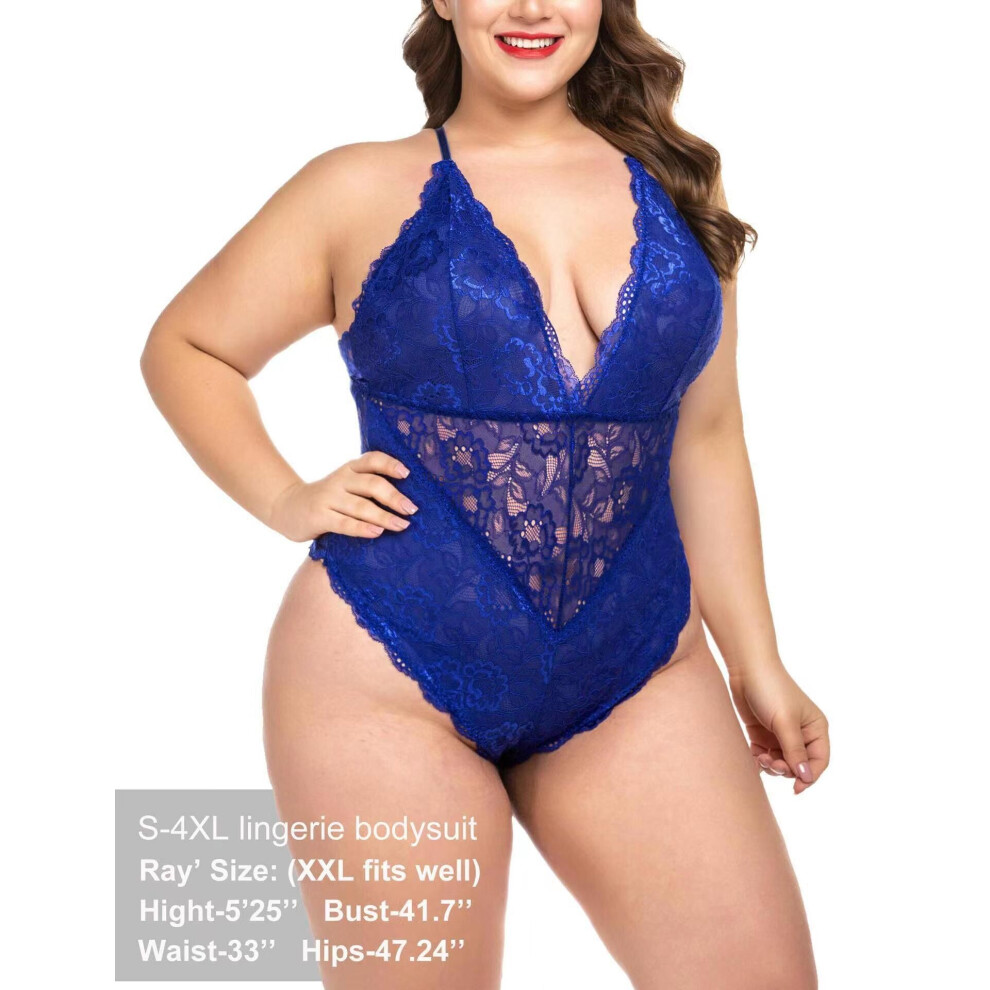 (Blue, S) Sexy lingerie, deep V-neck, sexy lace, temptation, perspective, teasing, passionate and sexy one-piece on the bed