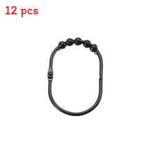 (Black) Shower Curtain 12pcs Hooks Wide Rings Gold Chrome Plated Easy Glide Roller Decorative Rings Rod Shower
