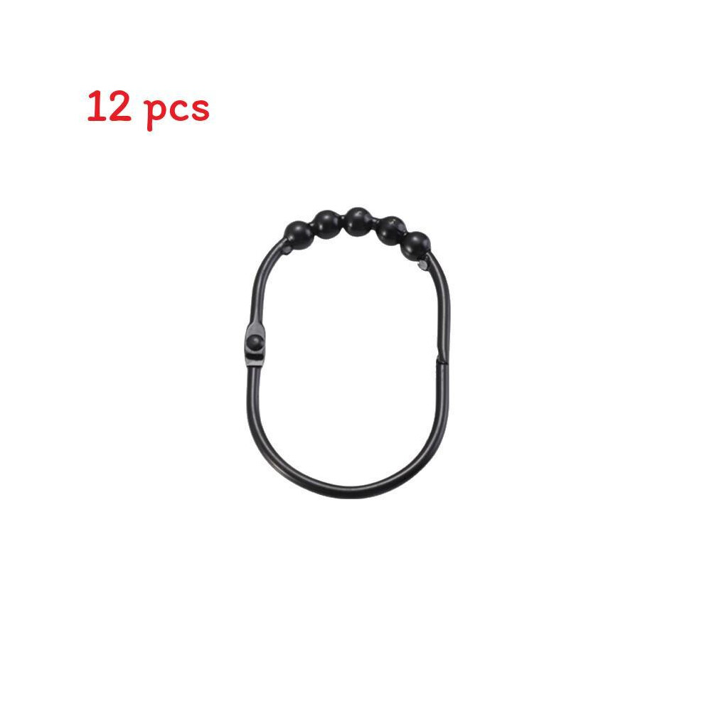 (Black) Shower Curtain 12Pcs Hooks Wide Rings Gold Chrome Plated Easy Glide Roller Decorative Rings Rod Shower 692033387342
