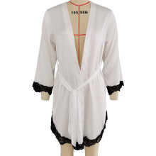 (WhiteRobe,OneSize)Camisón fino de seda para mujer con ribete de encaje y estilo informal para salón en casa y