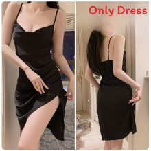 (Black,XL)Satin Nachthemd mit Schlitz und V-Ausschnitt für Damen Nachtwäsche und Gebrauch Hotel