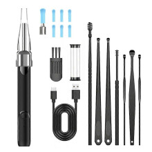 (Black) Nettoyeur d'oreilles visuel HD avec caméra et pince à épiler, otoscope sans fil pour un nettoyage auriculaire sûr et hygiénique