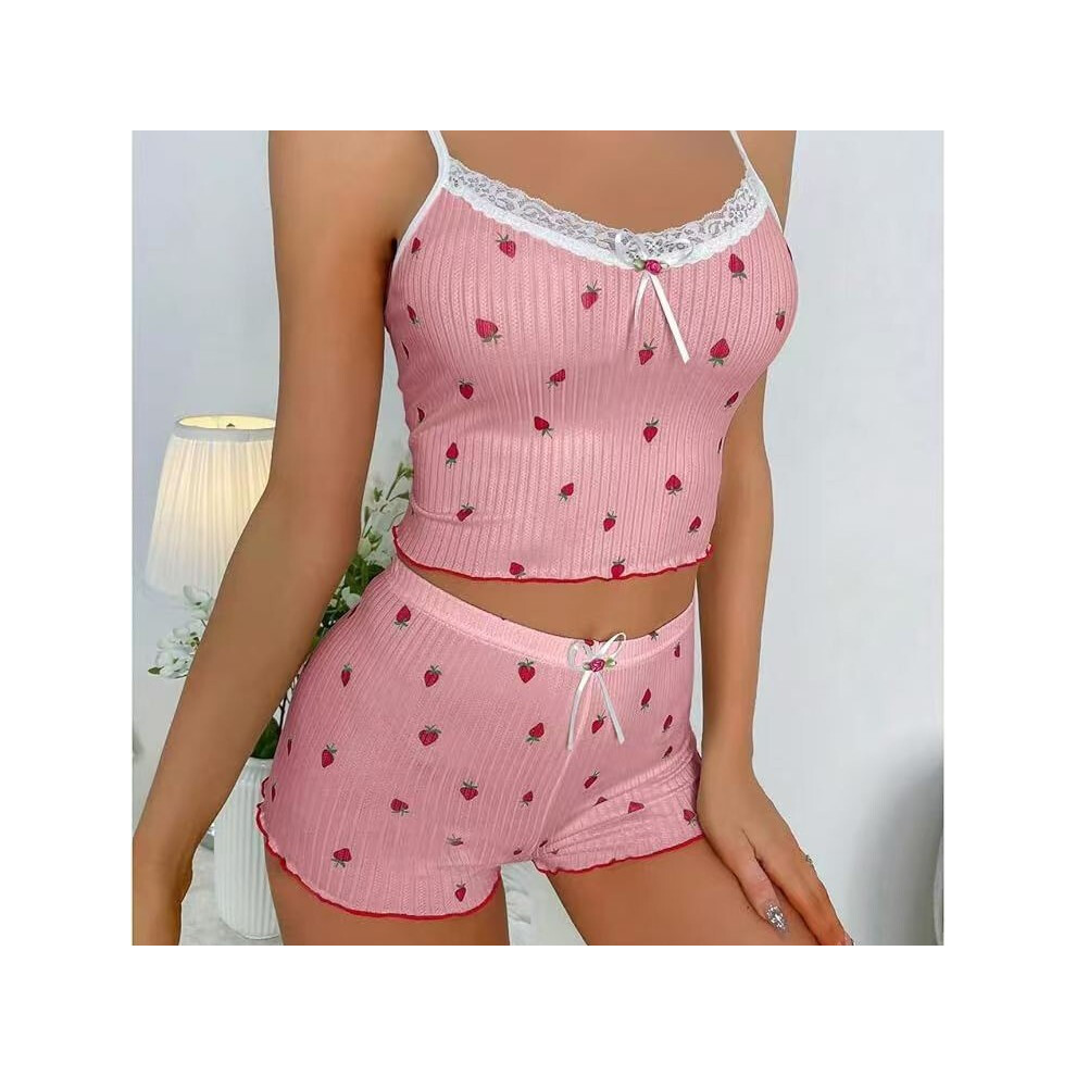 (Pink, L) Lace pajamas for women, sexy fashionable suspender shorts, home wear two-piece suit for women