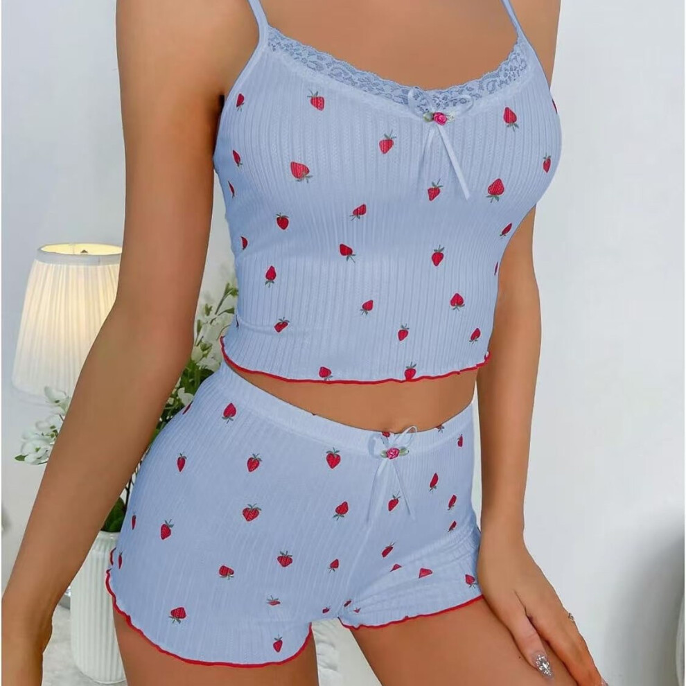 (Blue, XXL) Lace pajamas for women, sexy fashionable suspender shorts, home wear two-piece suit for women