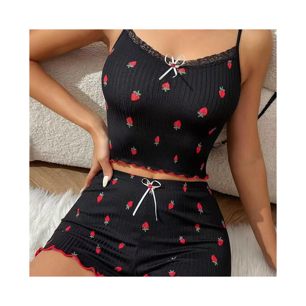 (Black, XXL) Lace pajamas for women, sexy fashionable suspender shorts, home wear two-piece suit for women