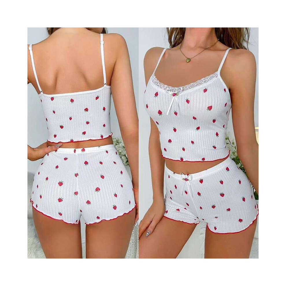 (White, XXL) Lace pajamas for women, sexy fashionable suspender shorts, home wear two-piece suit for women