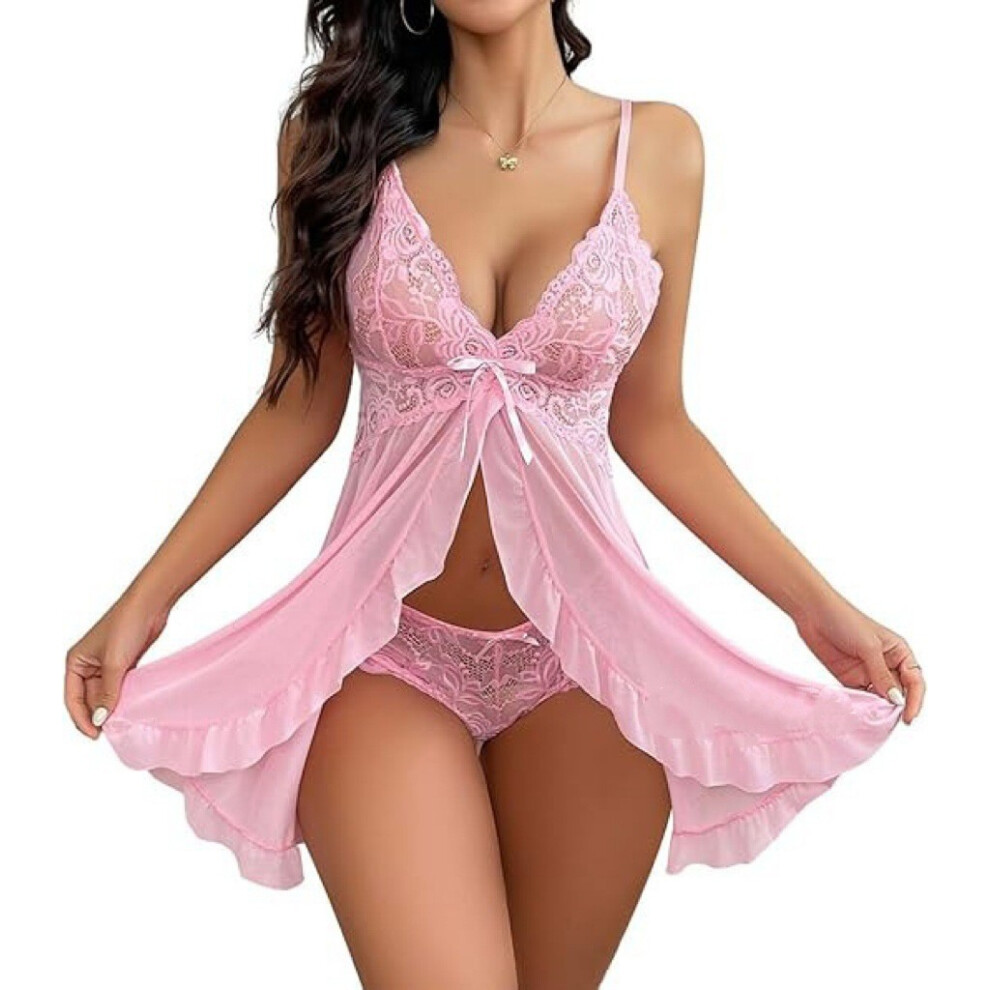 (Pink, S) Pajamas, female sexy V-neck lace suspenders, multi-color suit, sexy lingerie