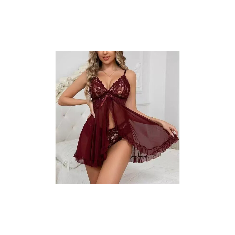 (Coffee color, L) Pajamas, female sexy V-neck lace suspenders, multi-color suit, sexy lingerie