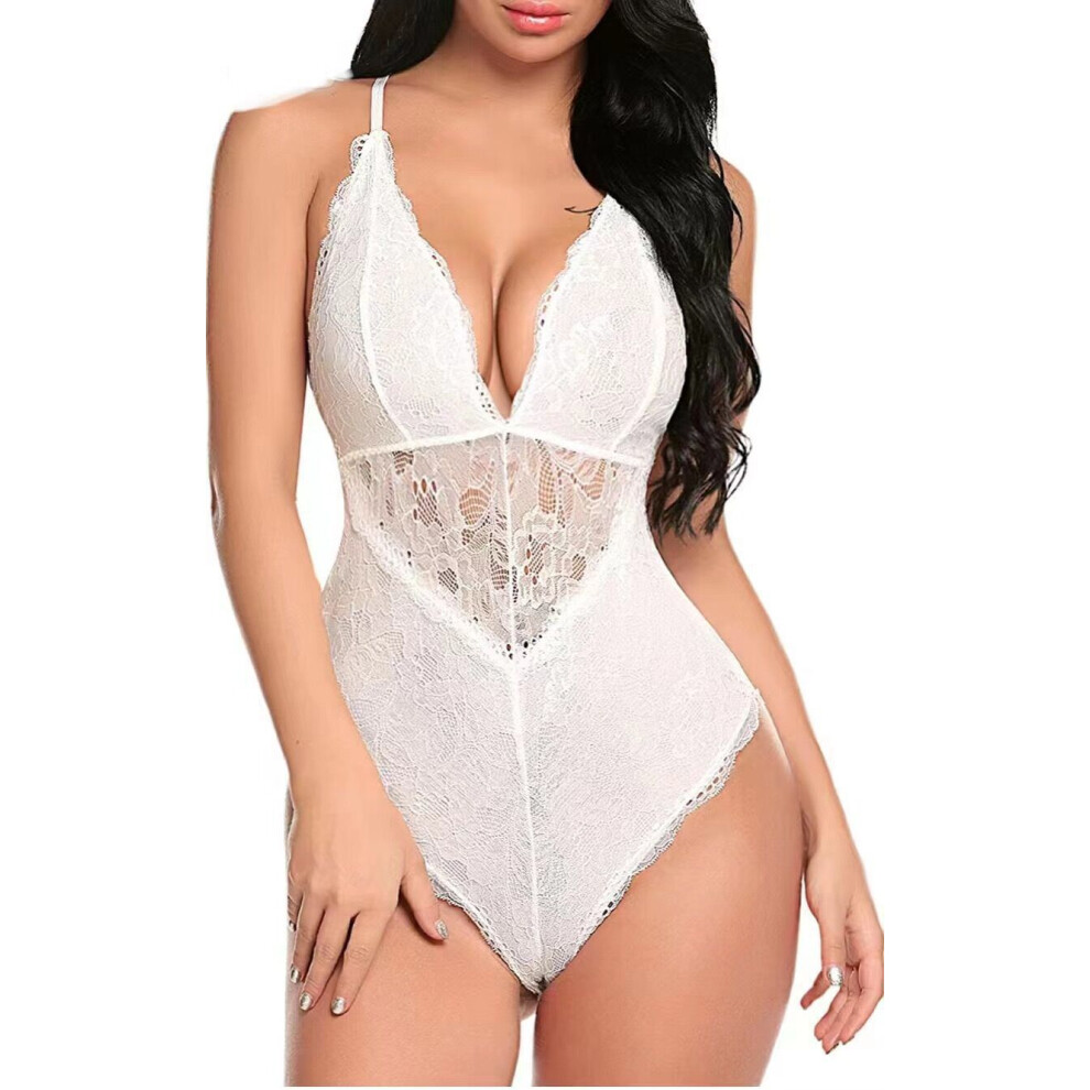 (White, L) Sexy lingerie, deep V-neck, sexy lace, temptation, perspective, teasing, passionate and sexy one-piece on the bed