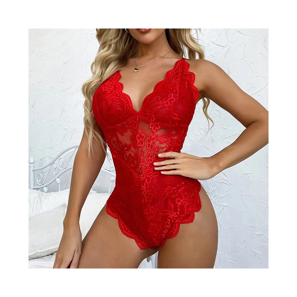 (Red, M) Sexy lingerie, deep V-neck, sexy lace, temptation, perspective, teasing, passionate and sexy one-piece on the bed
