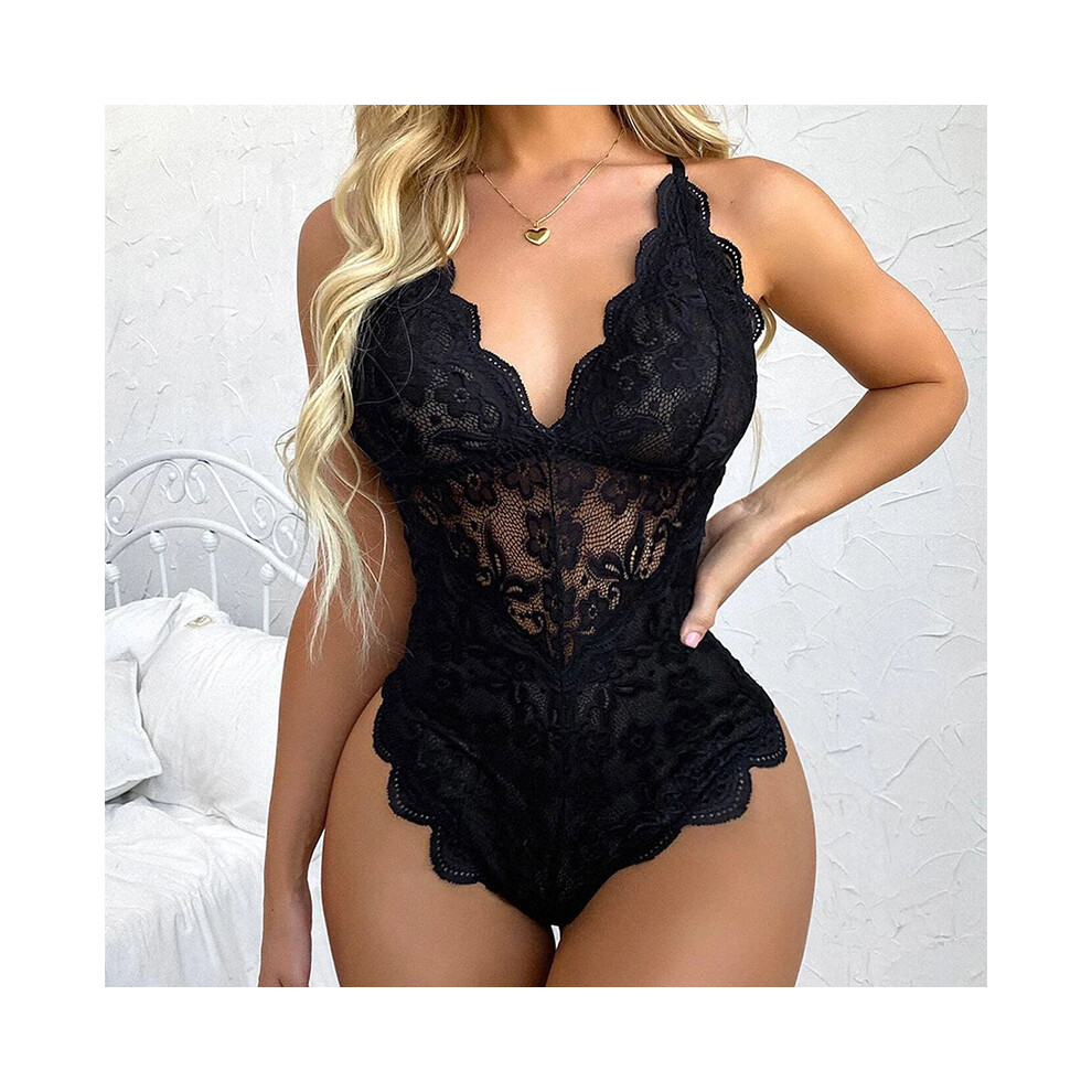 (Black, XXL) Sexy lingerie, deep V-neck, sexy lace, temptation, perspective, teasing, passionate and sexy one-piece on the bed