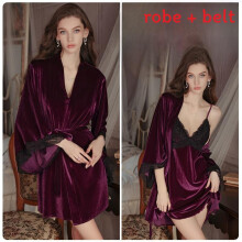 (PurpleCoatBelt,OneSize)Seidensamt Spaghettiträger Schlafkleid mit V-Ausschnitt für entspannte Lounge und Wärme